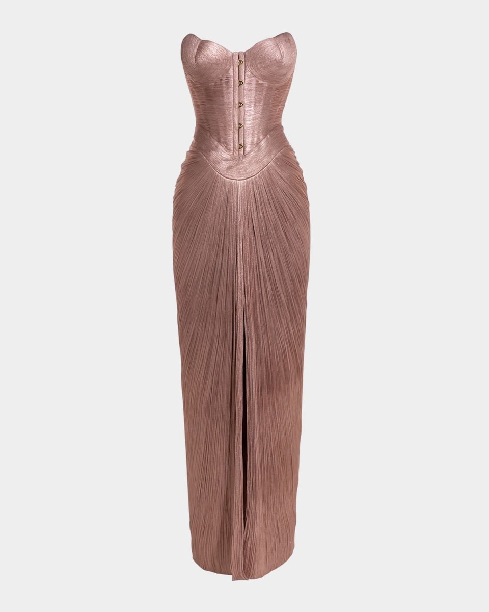Kiera Strapless Bustier Metallic Plisse Gown